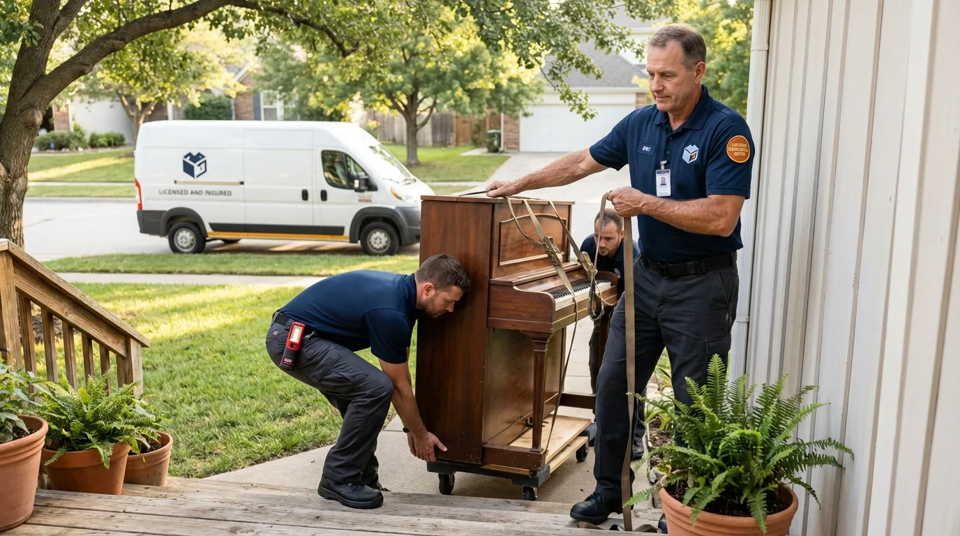 Licensed piano movers securing grand piano in Watervliet, NY