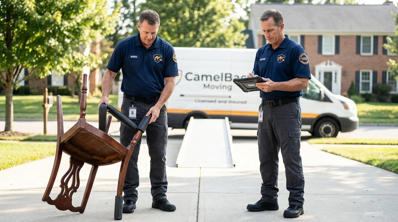 Movers inspecting furniture for damage prevention before loading in Watervliet, NY